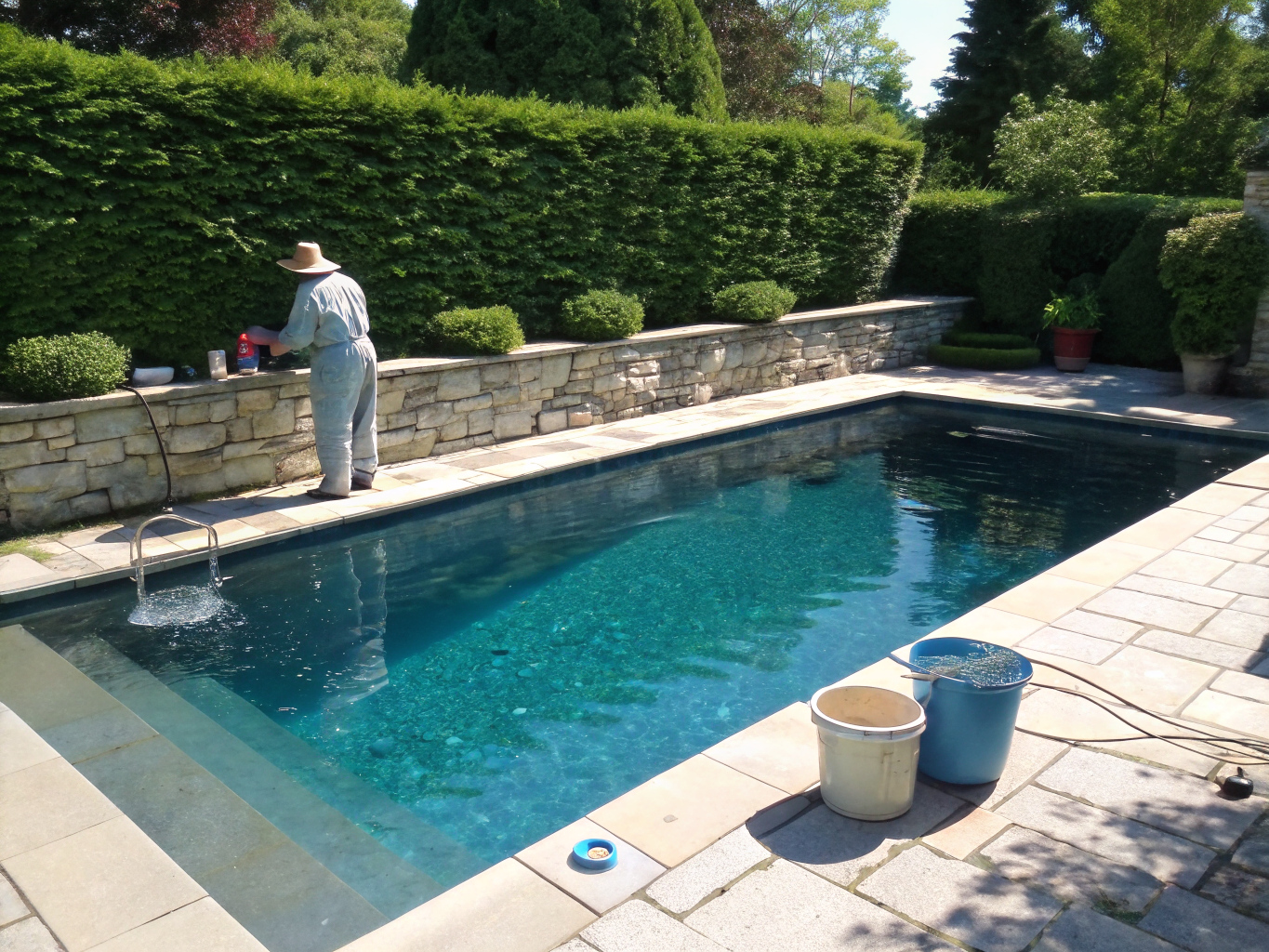 Clean drained pebble-tec pool undergoing calcium removal and acid wash rejuvenation